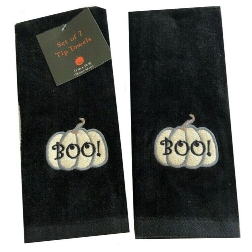 Halloween Fingertip Towels Boo Pumpkin Black Guest Applique Embroidered Set of 2